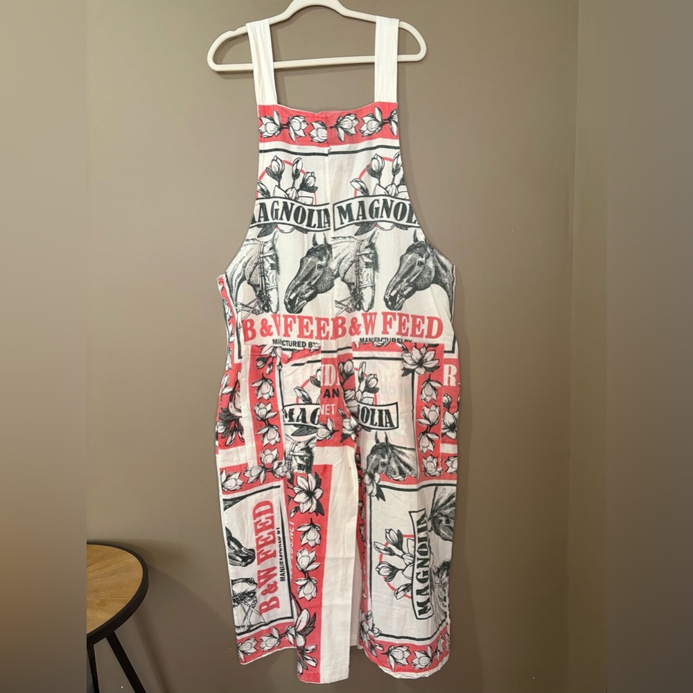 Hippie Flour Sack Overalls Horse and Magnolias Womens L/XL Pink Cream Handmade - Picture 4 of 8